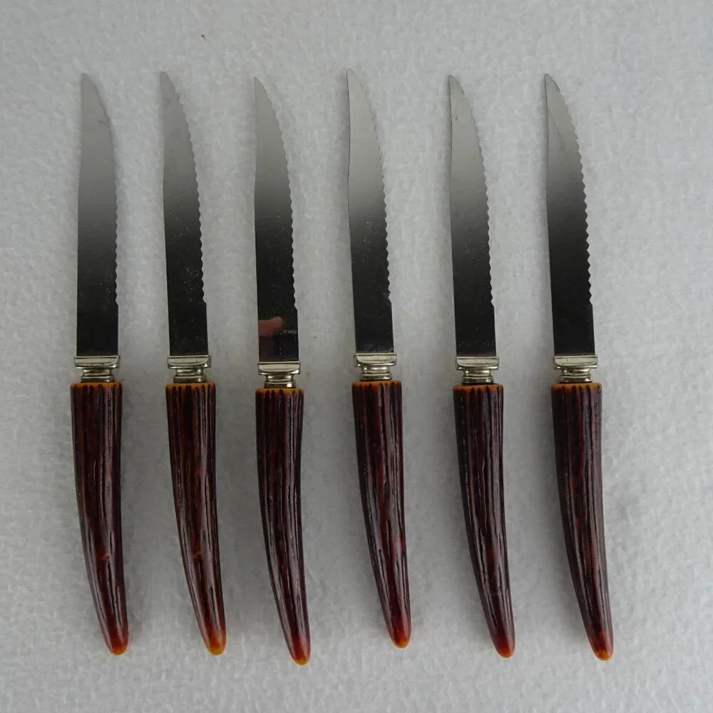 6 REGENT SHEFFIELD Steak Knives Stainless Blade Faux Antler Handle Original Box